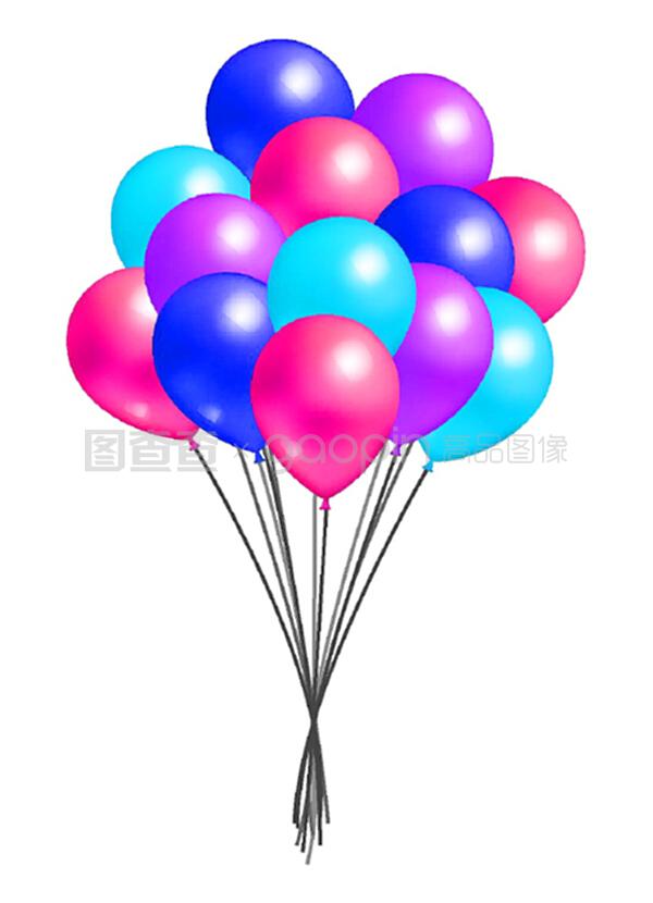 多色飞行气球捆扎现实设计蓝色粉色和紫色充气气球,生日派对装饰元素。多色飞行气球捆扎现实设计
