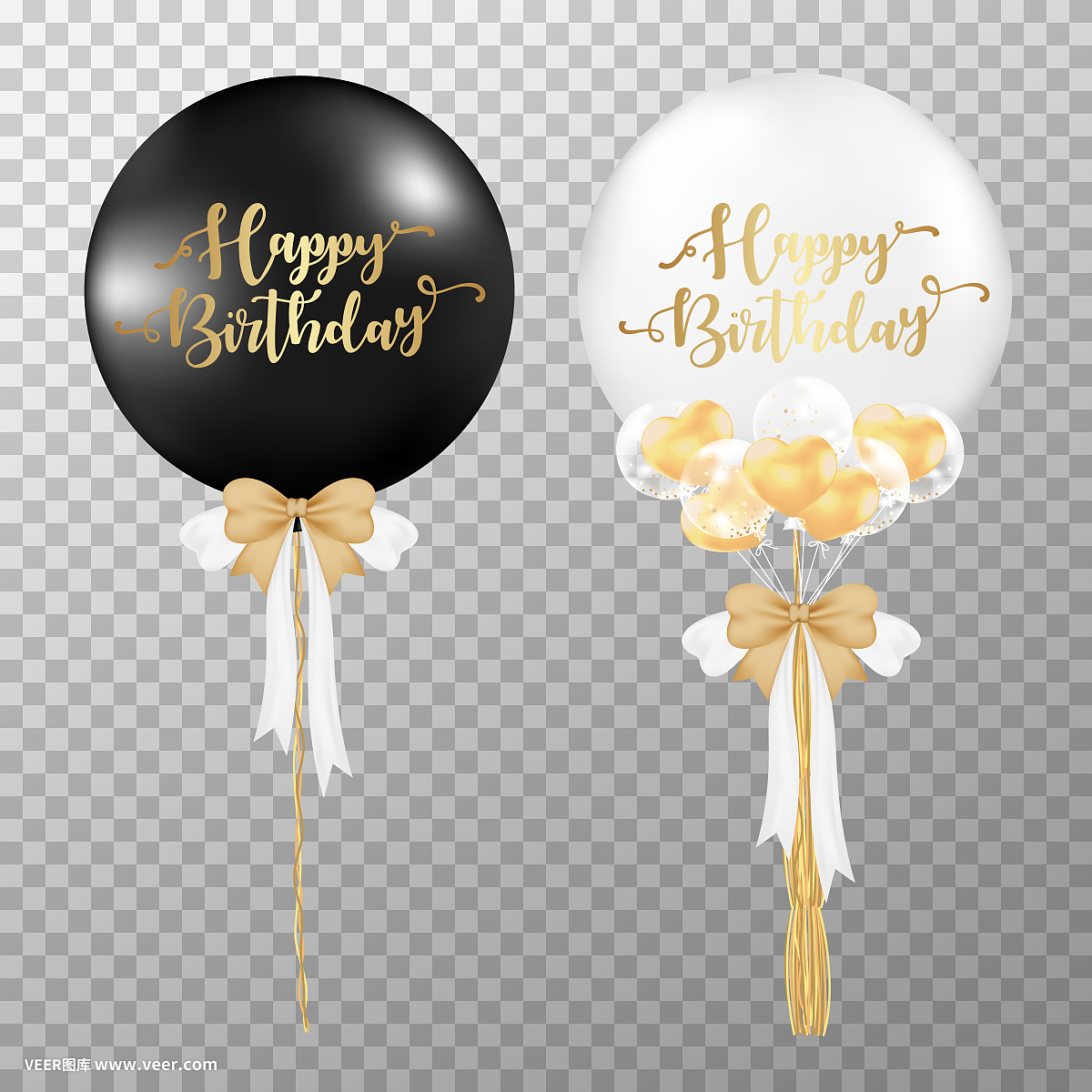 透明背景上的生日气球。现实的黑色和白色光泽气球矢量插图。为装饰生日派对设计模板。